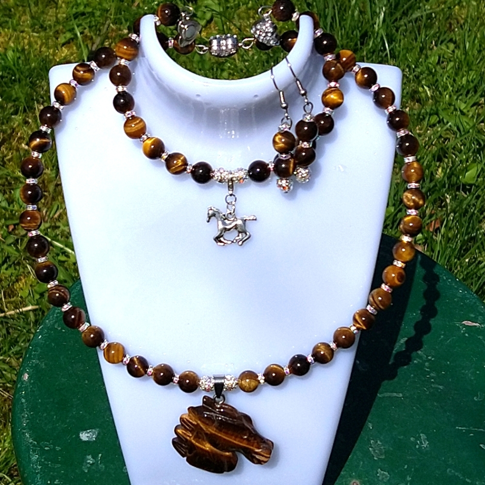 Genuine Tiger's Eye horse necklace, bracelet and earings